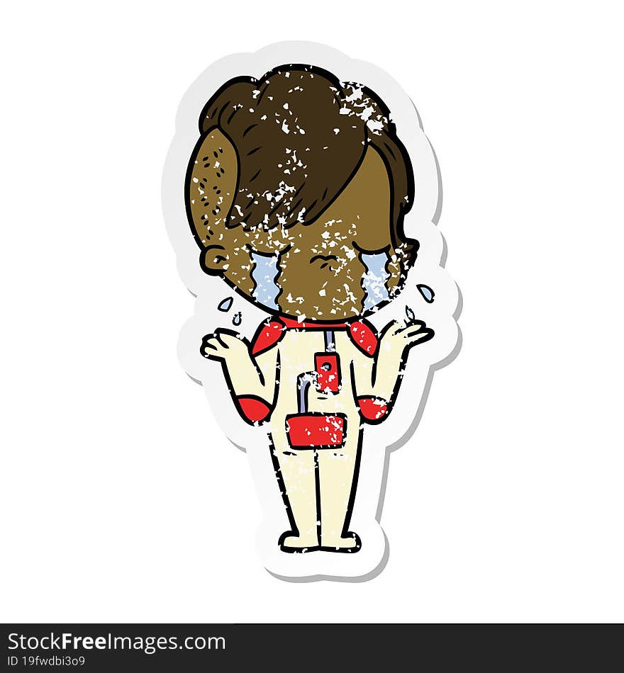 distressed sticker of a cartoon crying girl wearing space clothes