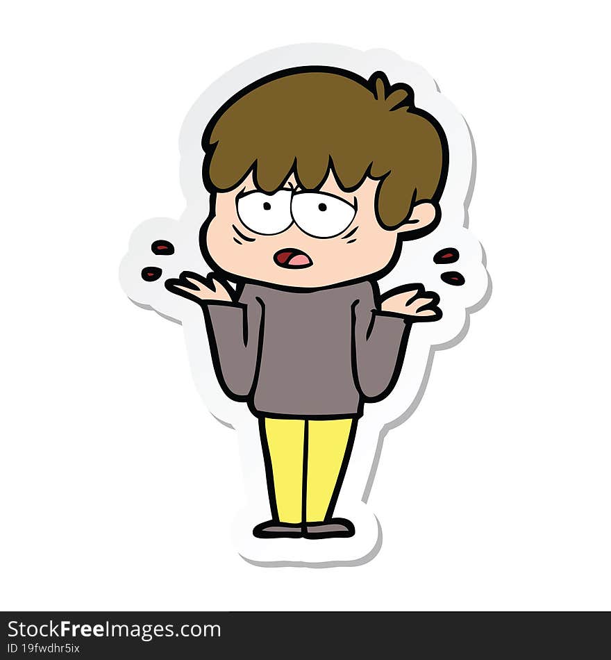 sticker of a cartoon exhausted boy shrugging shoulders