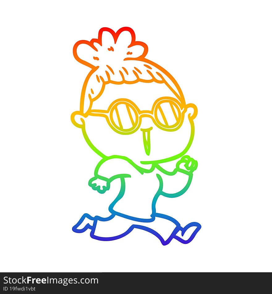 Rainbow Gradient Line Drawing Cartoon Running Woman Wearing Spectacles