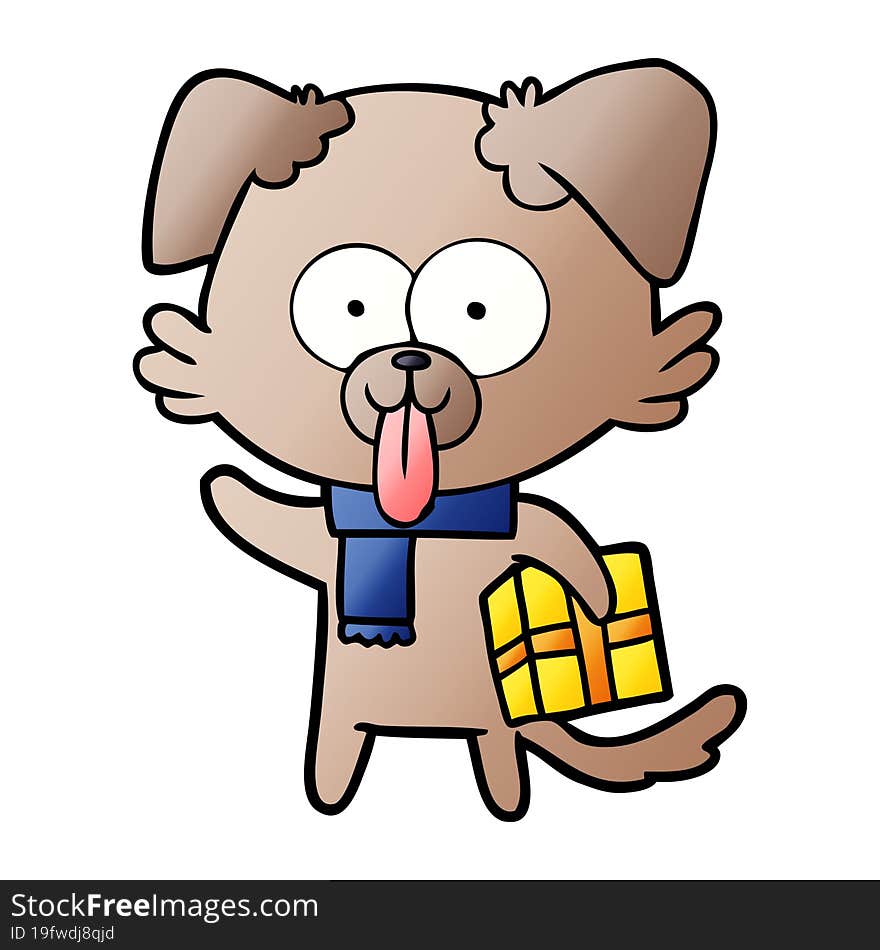 cartoon dog with christmas present. cartoon dog with christmas present