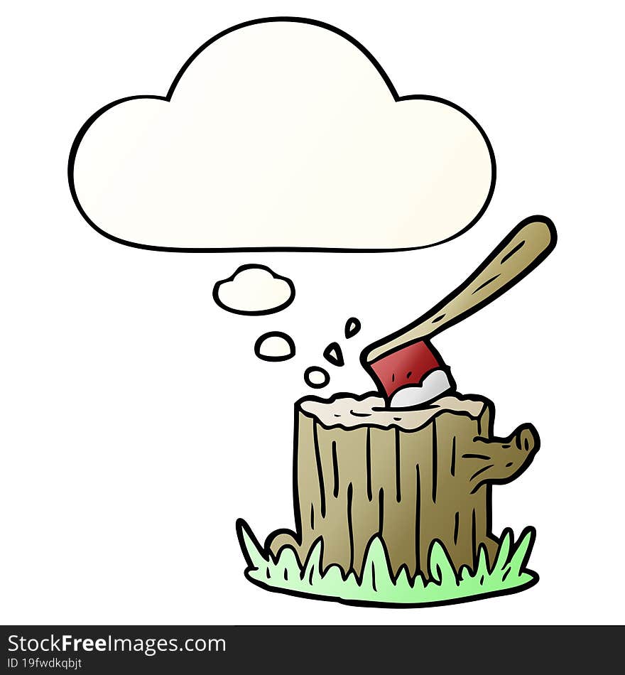 cartoon axe in tree stump and thought bubble in smooth gradient style