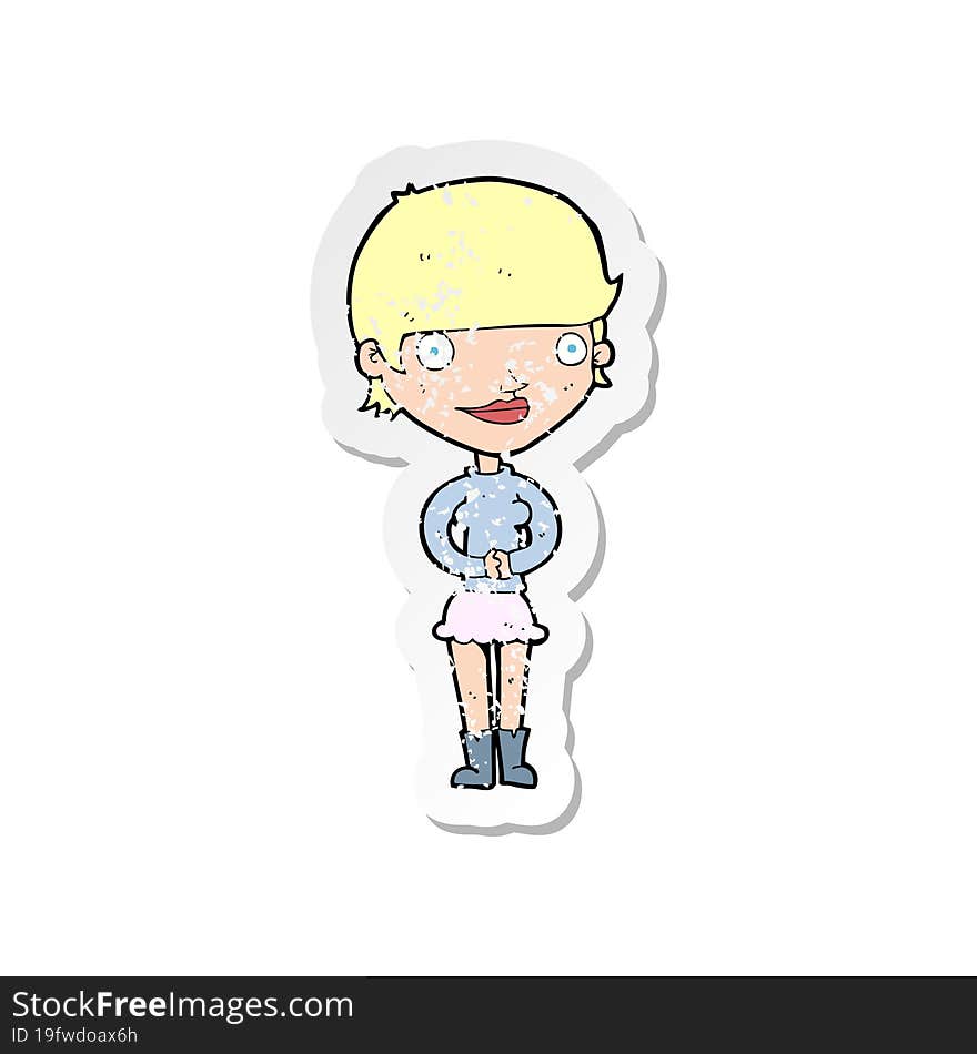 retro distressed sticker of a cartoon friendly woman