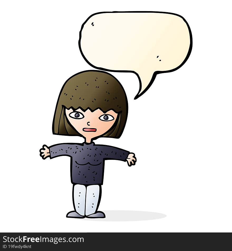 cartoon woman with open arms with speech bubble