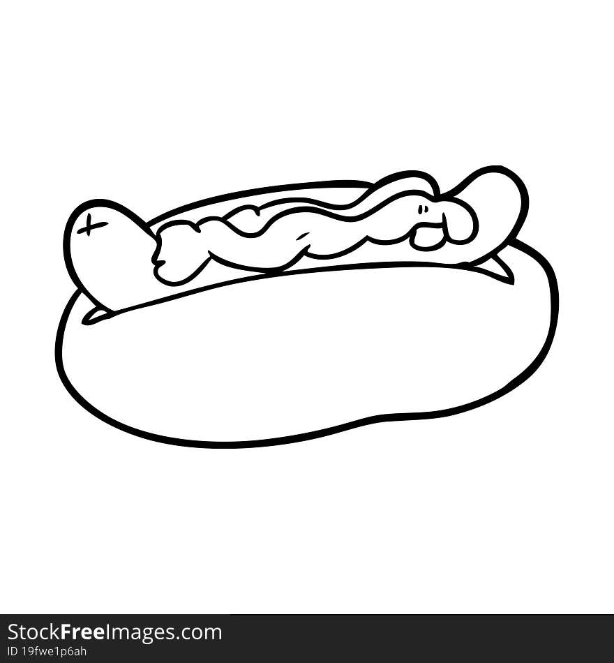 line drawing of a hotdog with mustard and ketchup. line drawing of a hotdog with mustard and ketchup