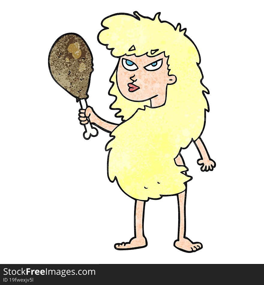 freehand textured cartoon cavewoman with meat