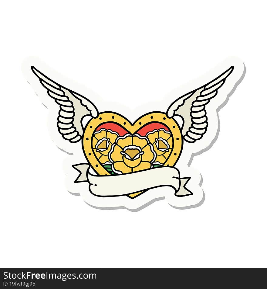 sticker of tattoo in traditional style of a flying heart with flowers and banner. sticker of tattoo in traditional style of a flying heart with flowers and banner