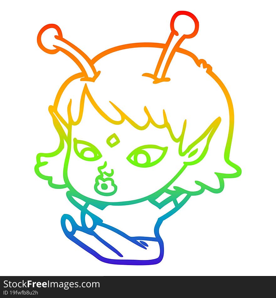 rainbow gradient line drawing pretty cartoon alien girl sitting