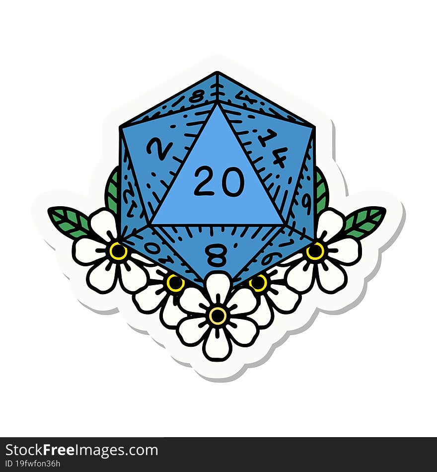 Natural 20 D20 Dice Roll With Floral Elements Sticker