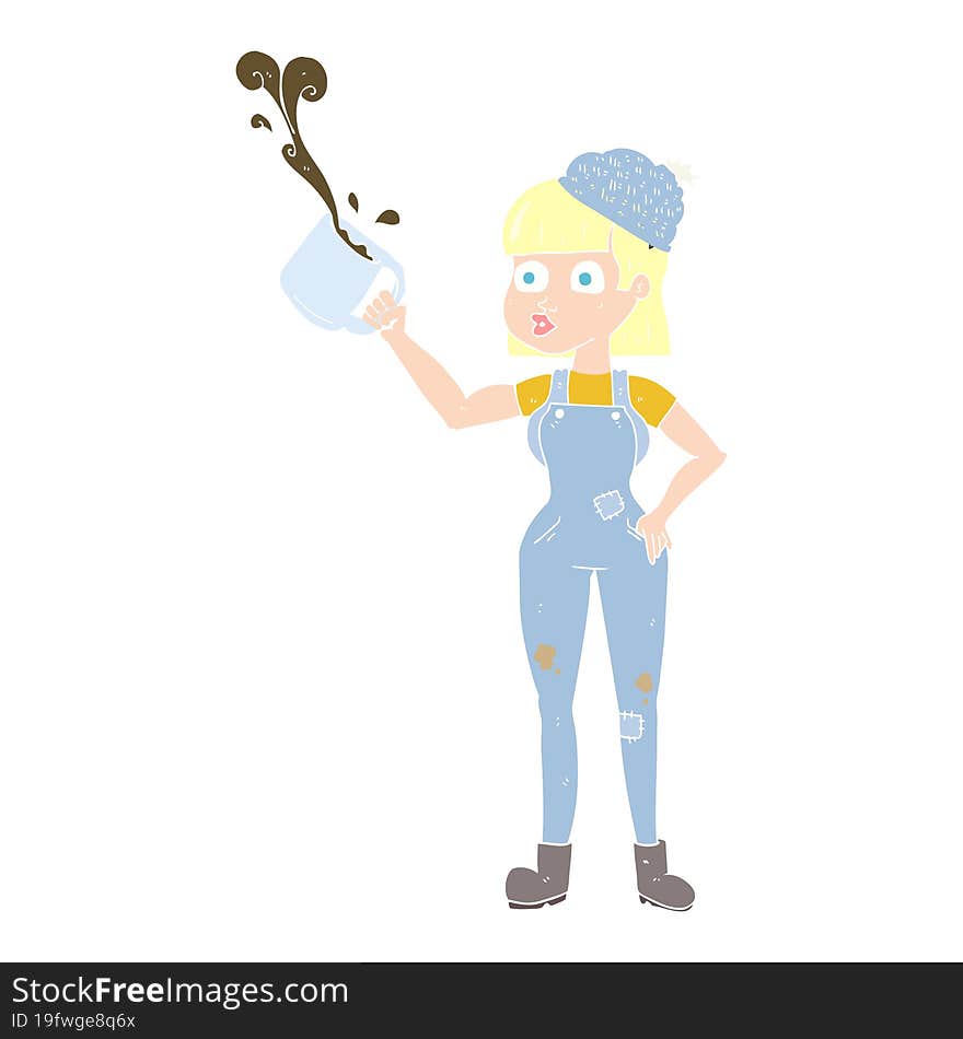 flat color illustration of female worker with coffee mug. flat color illustration of female worker with coffee mug