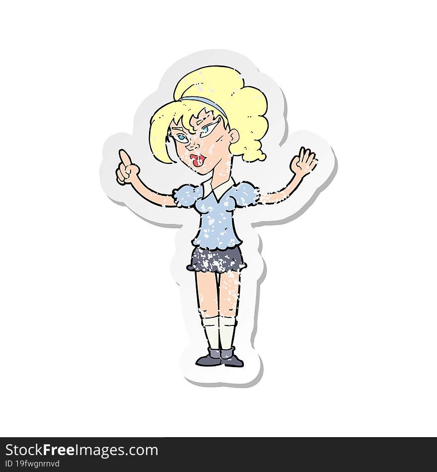 retro distressed sticker of a cartoon woman with idea