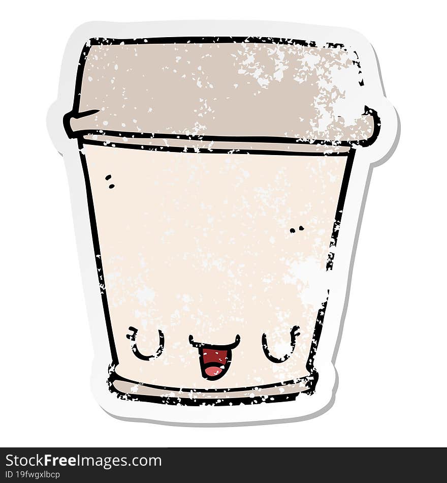 distressed sticker of a cartoon coffee cup