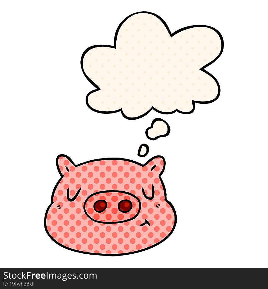 cartoon pig face with thought bubble in comic book style