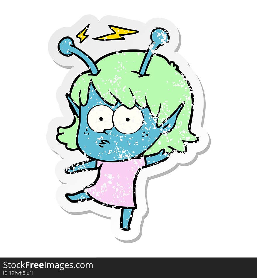 distressed sticker of a cartoon alien girl