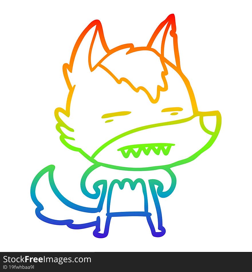 rainbow gradient line drawing cartoon wolf showing teeth