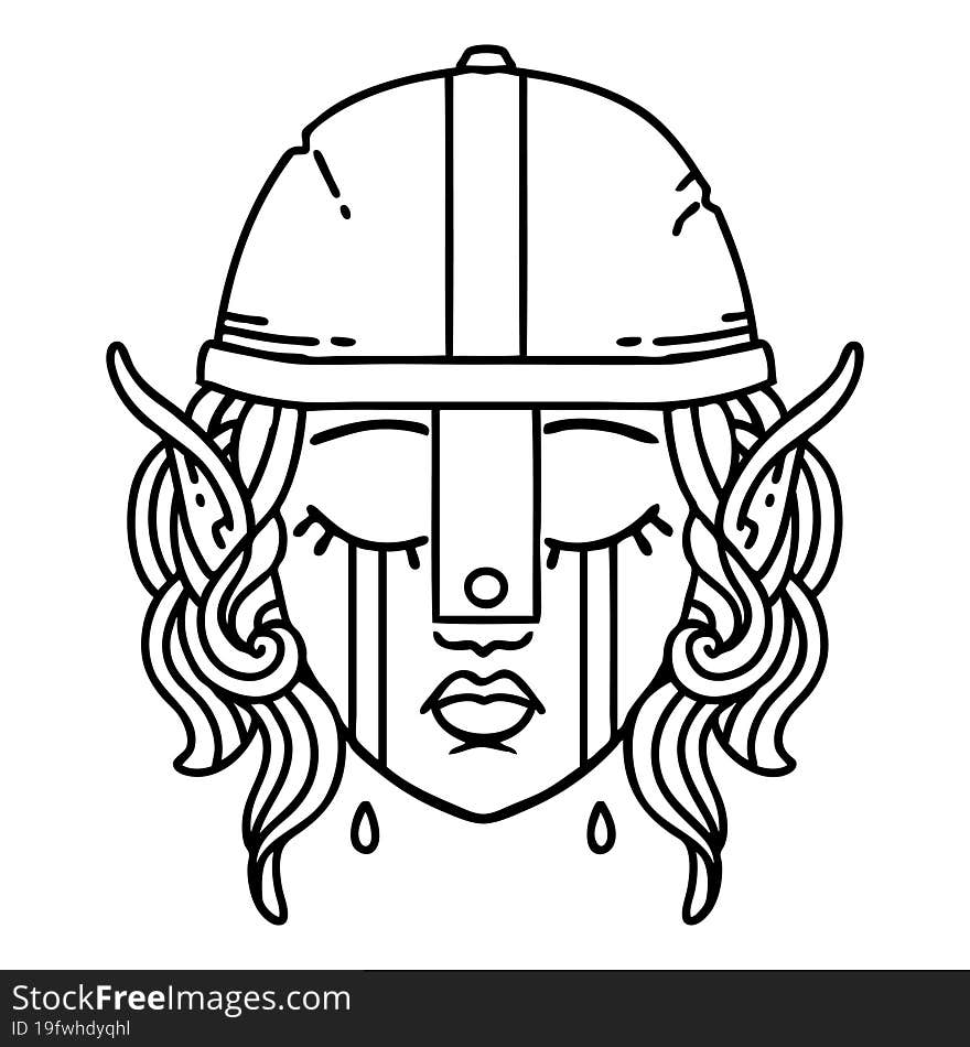 Black and White Tattoo linework Style crying elven fighter character face. Black and White Tattoo linework Style crying elven fighter character face