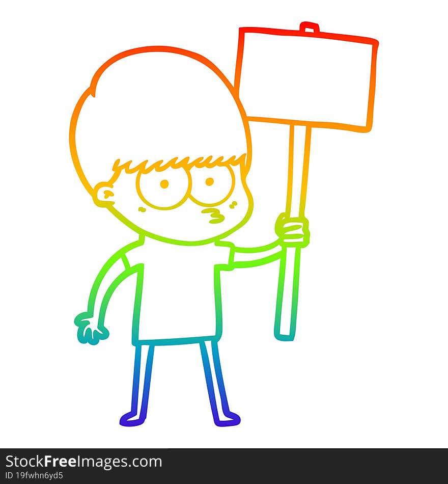 Rainbow Gradient Line Drawing Nervous Cartoon Boy Holding Placard