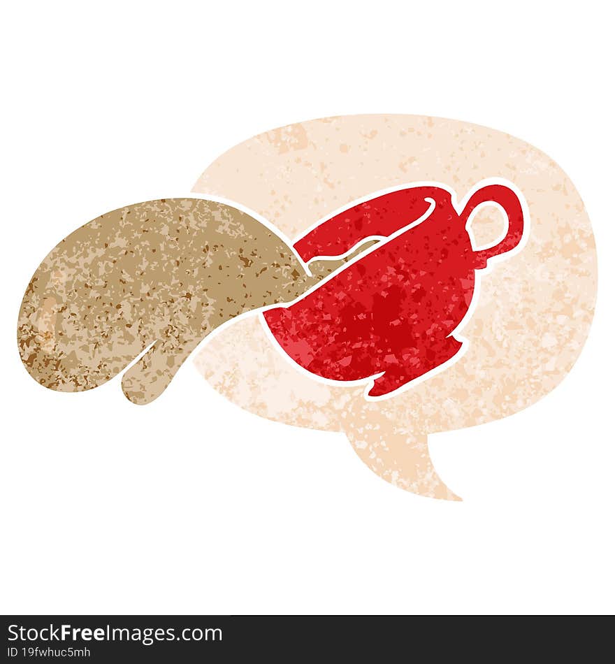 cartoon coffee cup and speech bubble in retro textured style