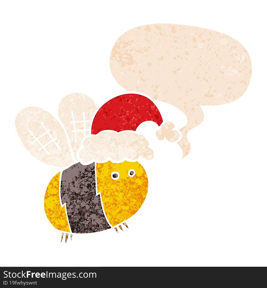 cute cartoon bee wearing christmas hat and speech bubble in retro textured style