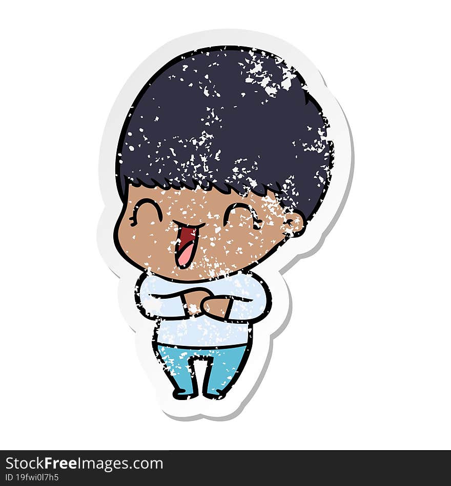 distressed sticker of a happy cartoon boy