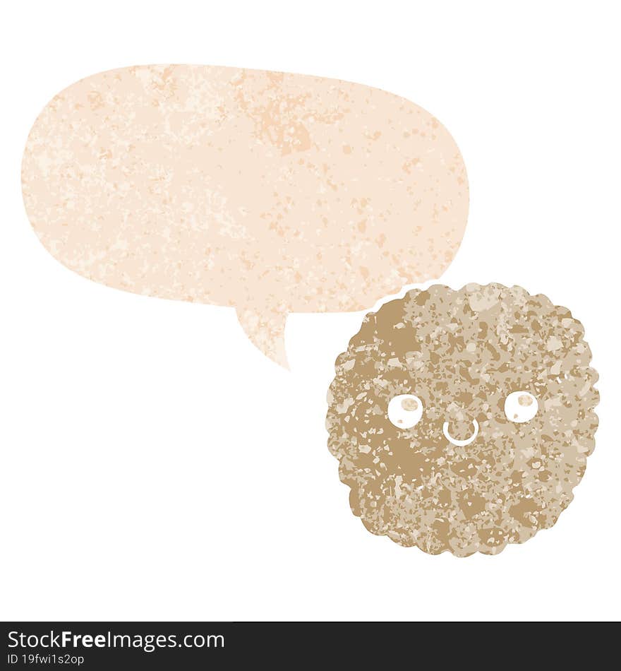 cartoon biscuit and speech bubble in retro textured style