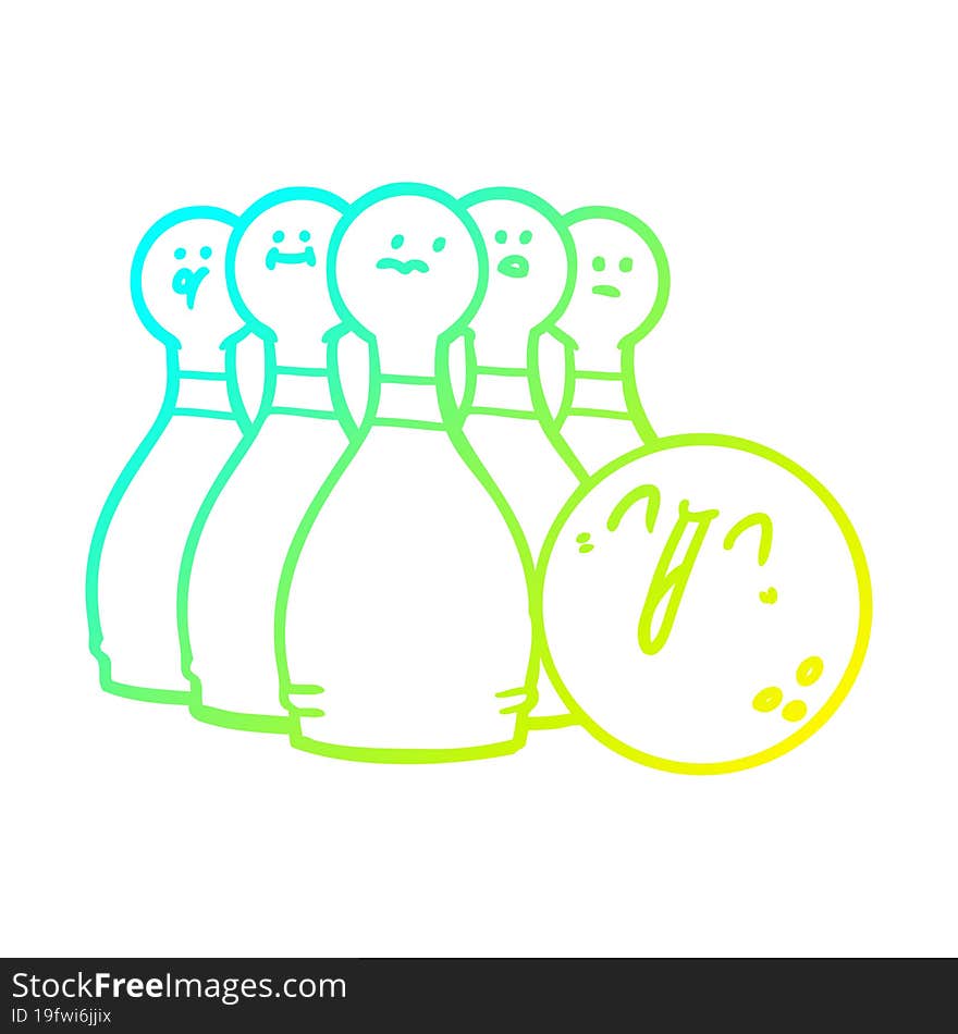 cold gradient line drawing of a cartoon laughing bowling ball and pins