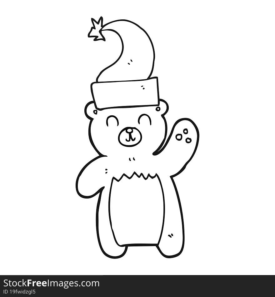 freehand drawing of a black and white cartoon teddy bear waving