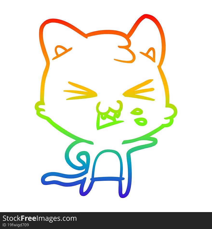 rainbow gradient line drawing of a cartoon cat hissing