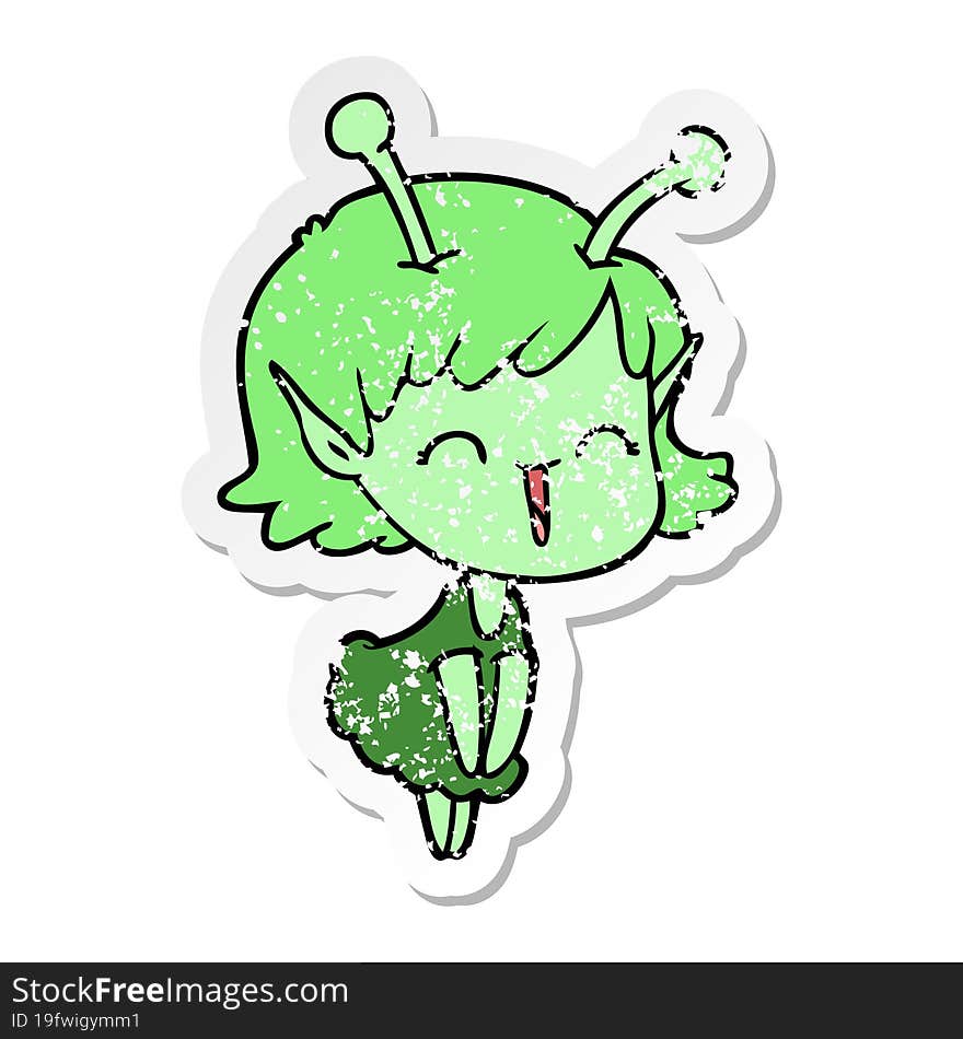 distressed sticker of a cartoon alien girl laughing