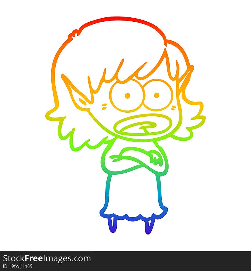 Rainbow Gradient Line Drawing Cartoon Shocked Elf Girl