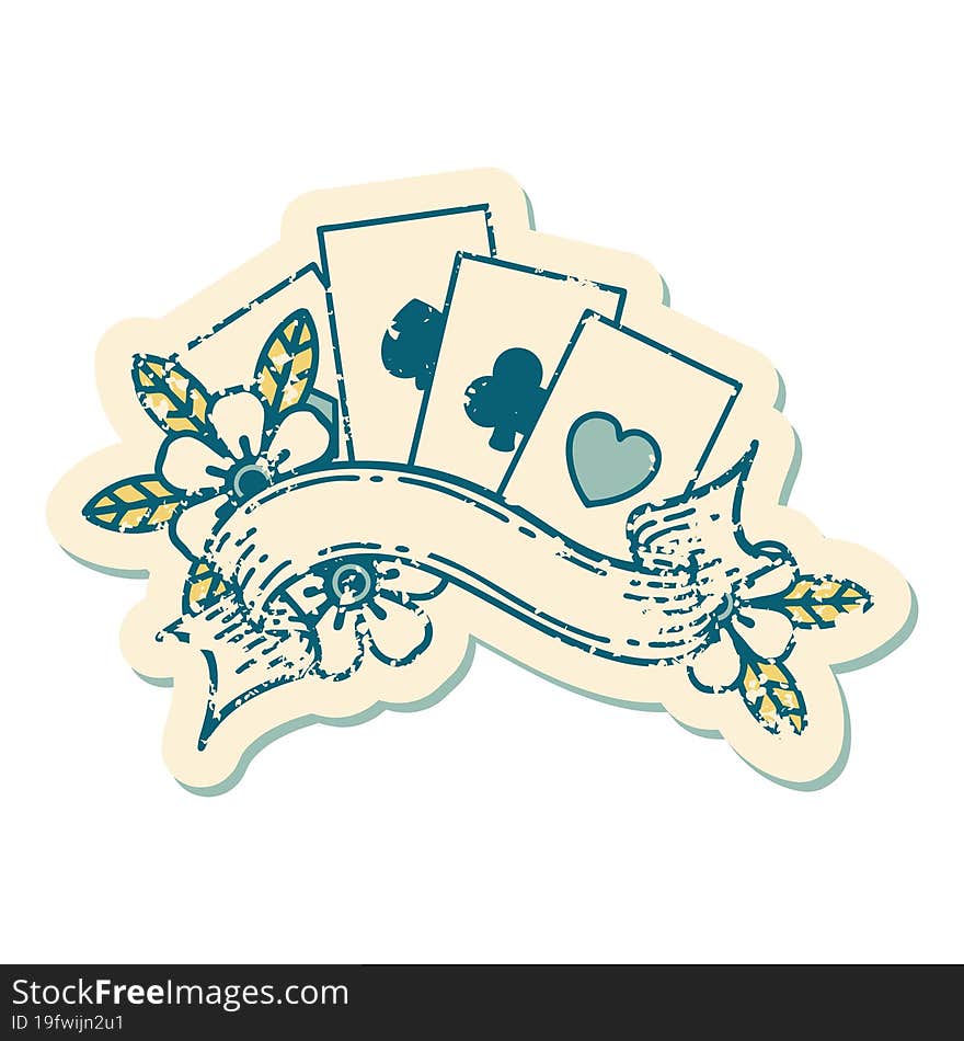 distressed sticker tattoo style icon of cards and banner