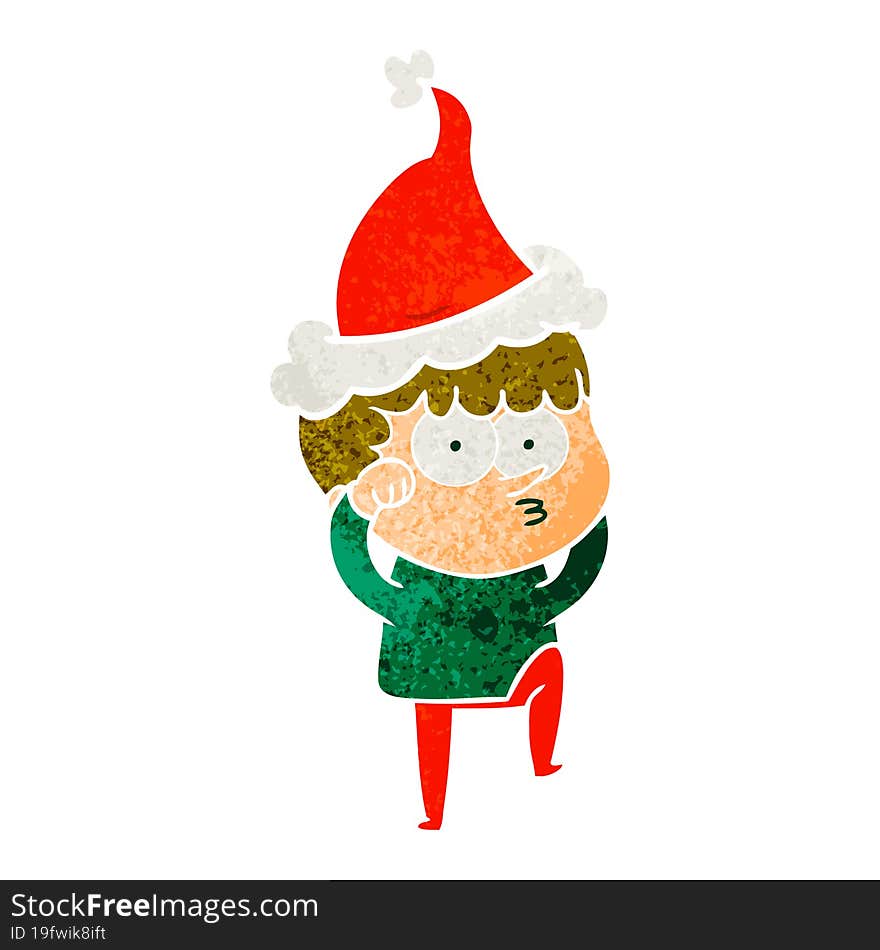 retro cartoon of a curious boy rubbing eyes in disbelief wearing santa hat