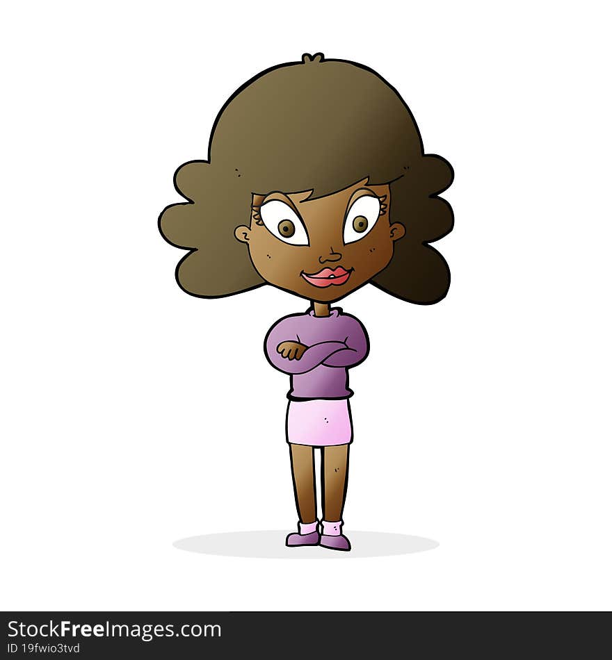 Cartoon Happy Woman With Folded Arms