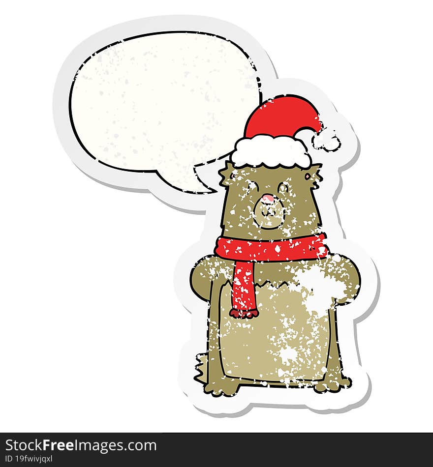 cartoon bear wearing christmas hat and speech bubble distressed sticker