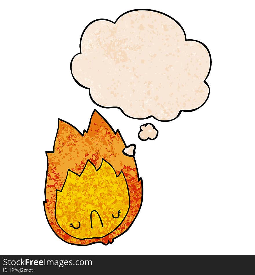 cartoon unhappy flame with thought bubble in grunge texture style. cartoon unhappy flame with thought bubble in grunge texture style