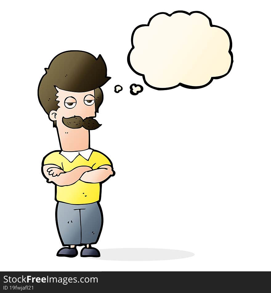 cartoon mustache muscle man with thought bubble