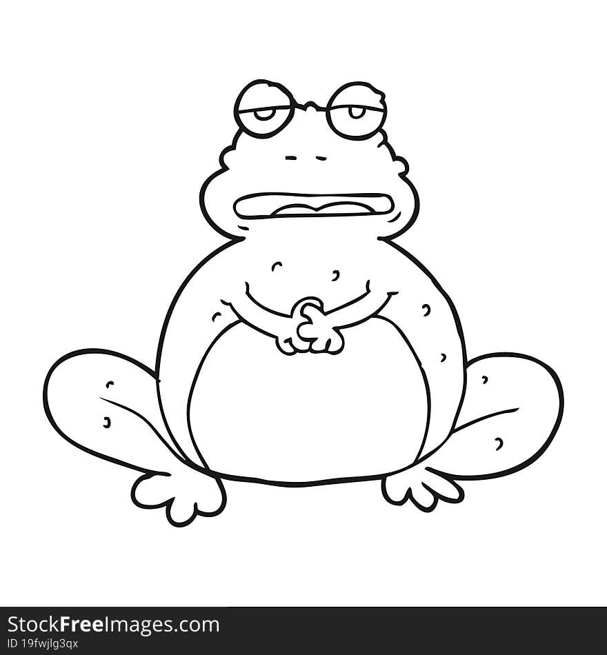 freehand drawn black and white cartoon frog