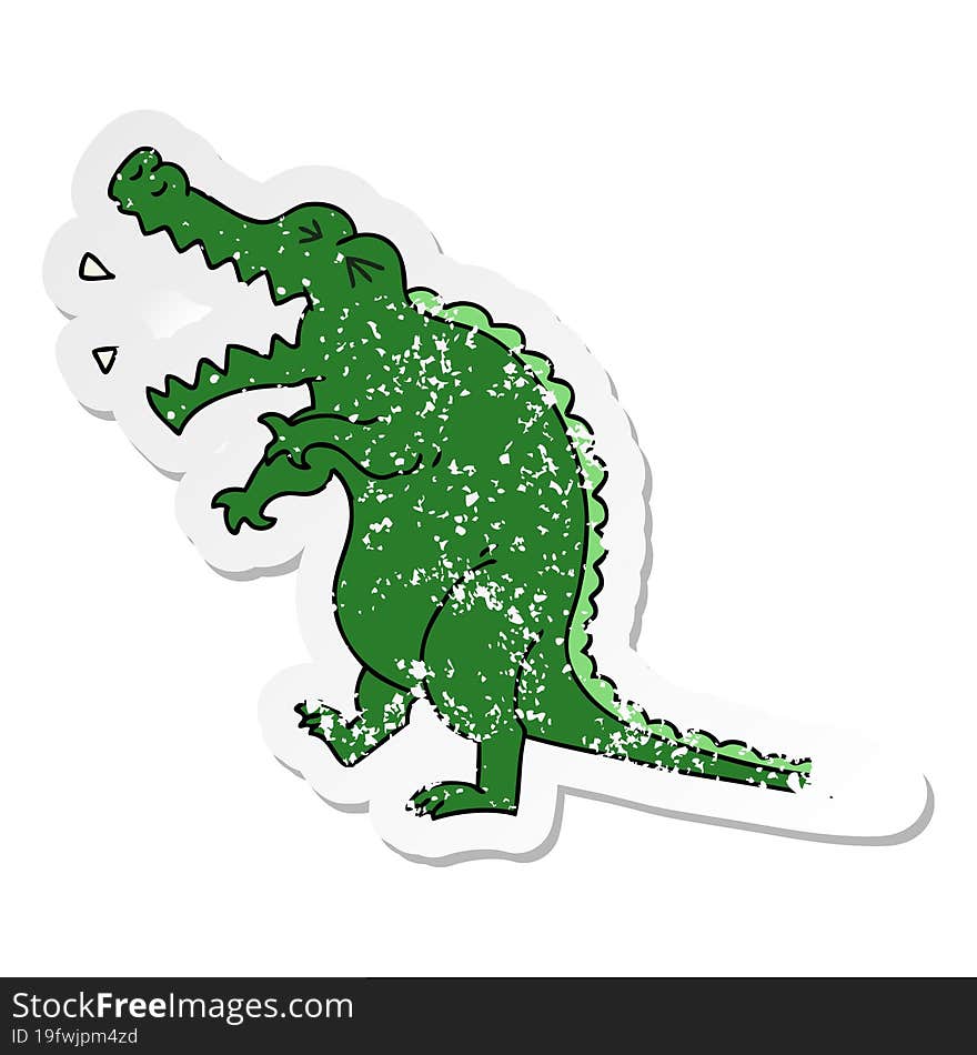 distressed sticker of a quirky hand drawn cartoon crocodile