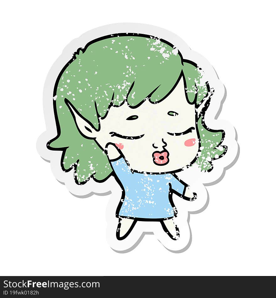 distressed sticker of a pretty cartoon elf girl