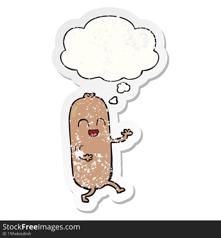 cartoon dancing sausage with thought bubble as a distressed worn sticker