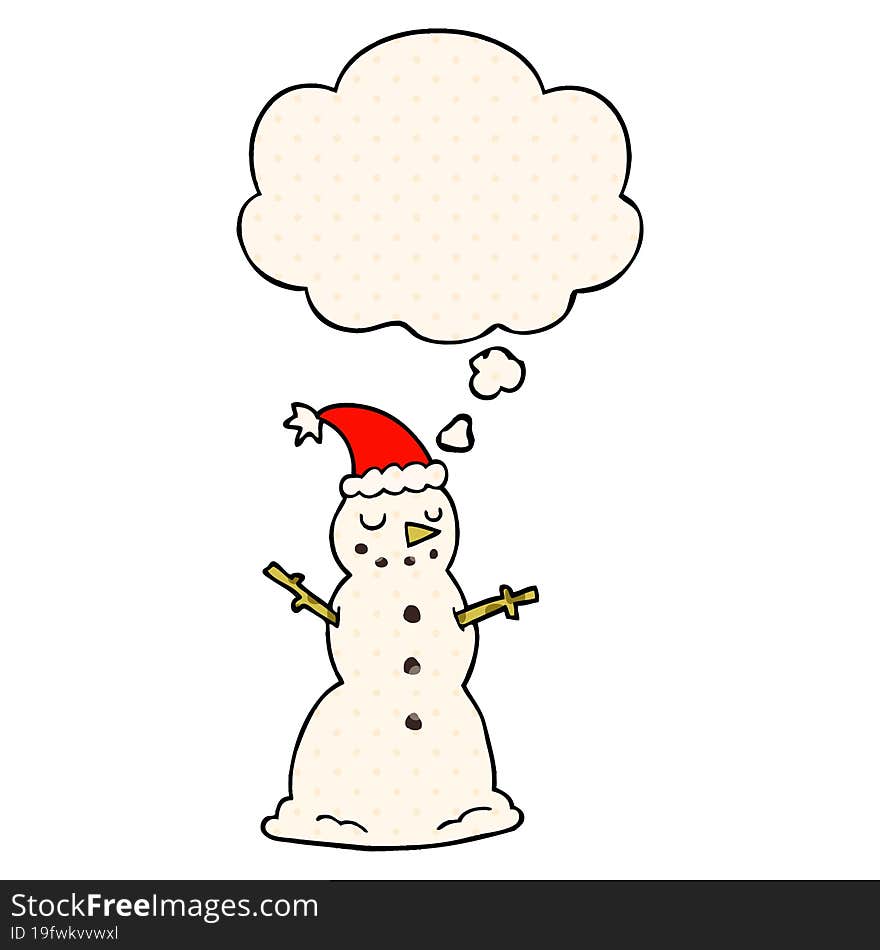 cartoon christmas snowman and thought bubble in comic book style