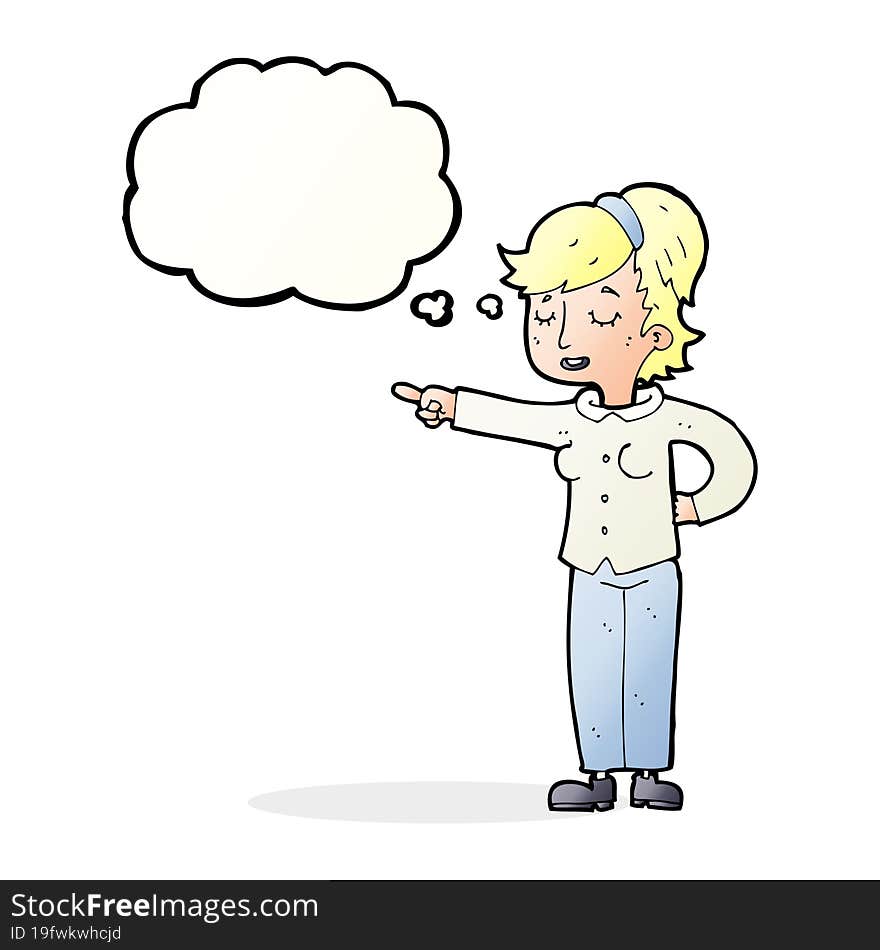 cartoon friendly woman pointing with thought bubble