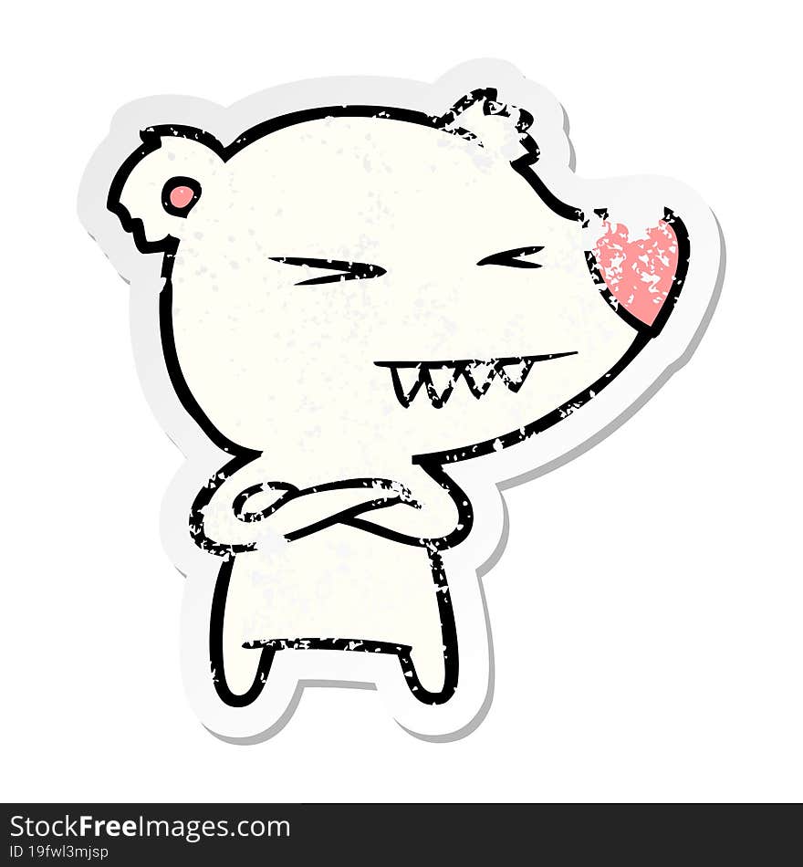 distressed sticker of a angry polar bear cartoon with folded arms