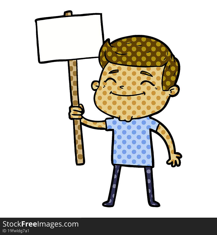 happy cartoon man with placard. happy cartoon man with placard