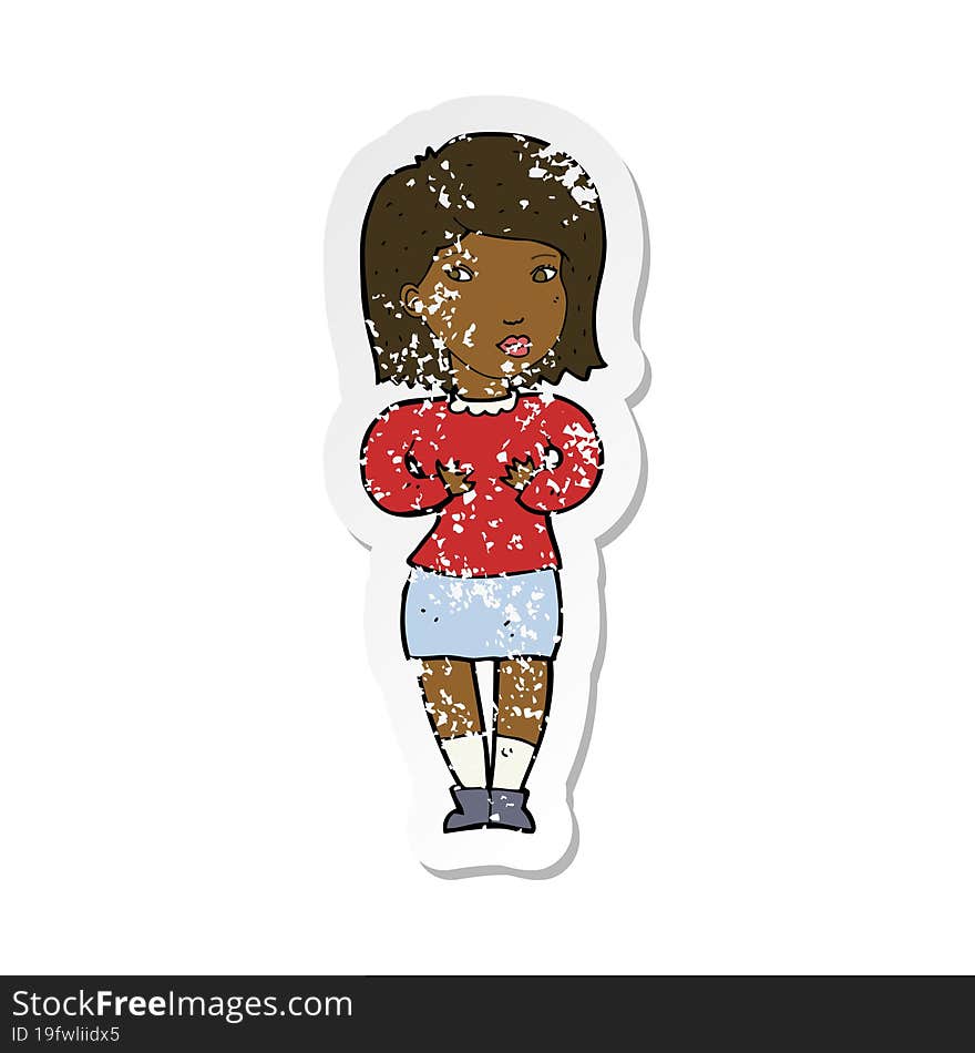 retro distressed sticker of a cartoon woman making excuses