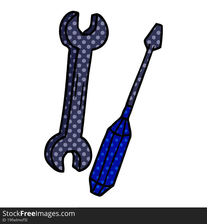 hand drawn cartoon doodle of a spanner and a screwdriver