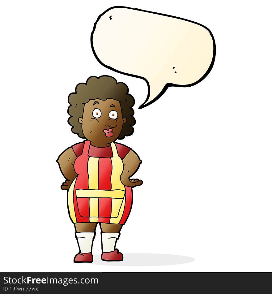 cartoon woman in kitchen apron with speech bubble