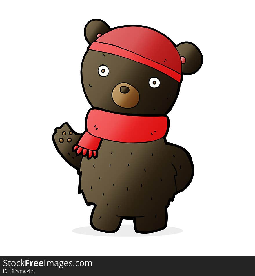 cartoon black bear in winter hat and scarf