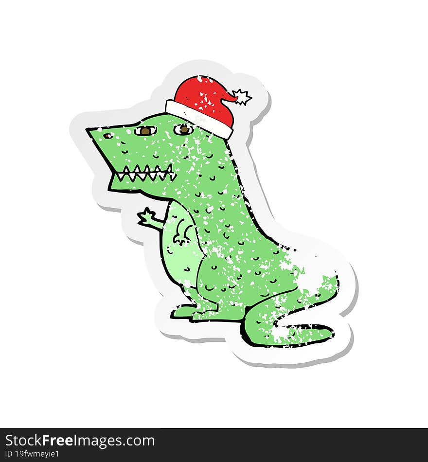 Retro Distressed Sticker Of A Cartoon Dinosaur In Christmas Hat