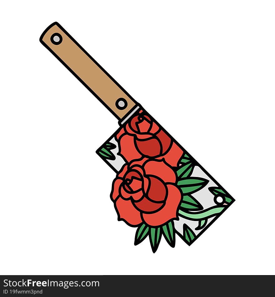 traditional tattoo of a cleaver and flowers