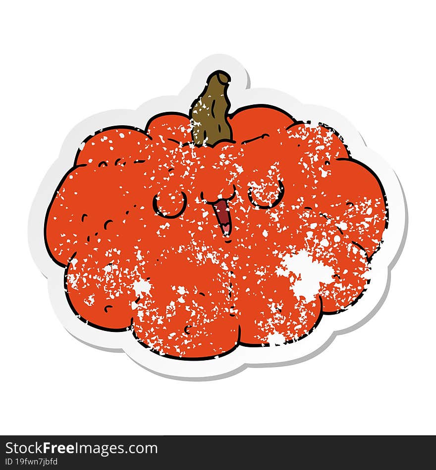 distressed sticker of a happy cartoon pumpkin